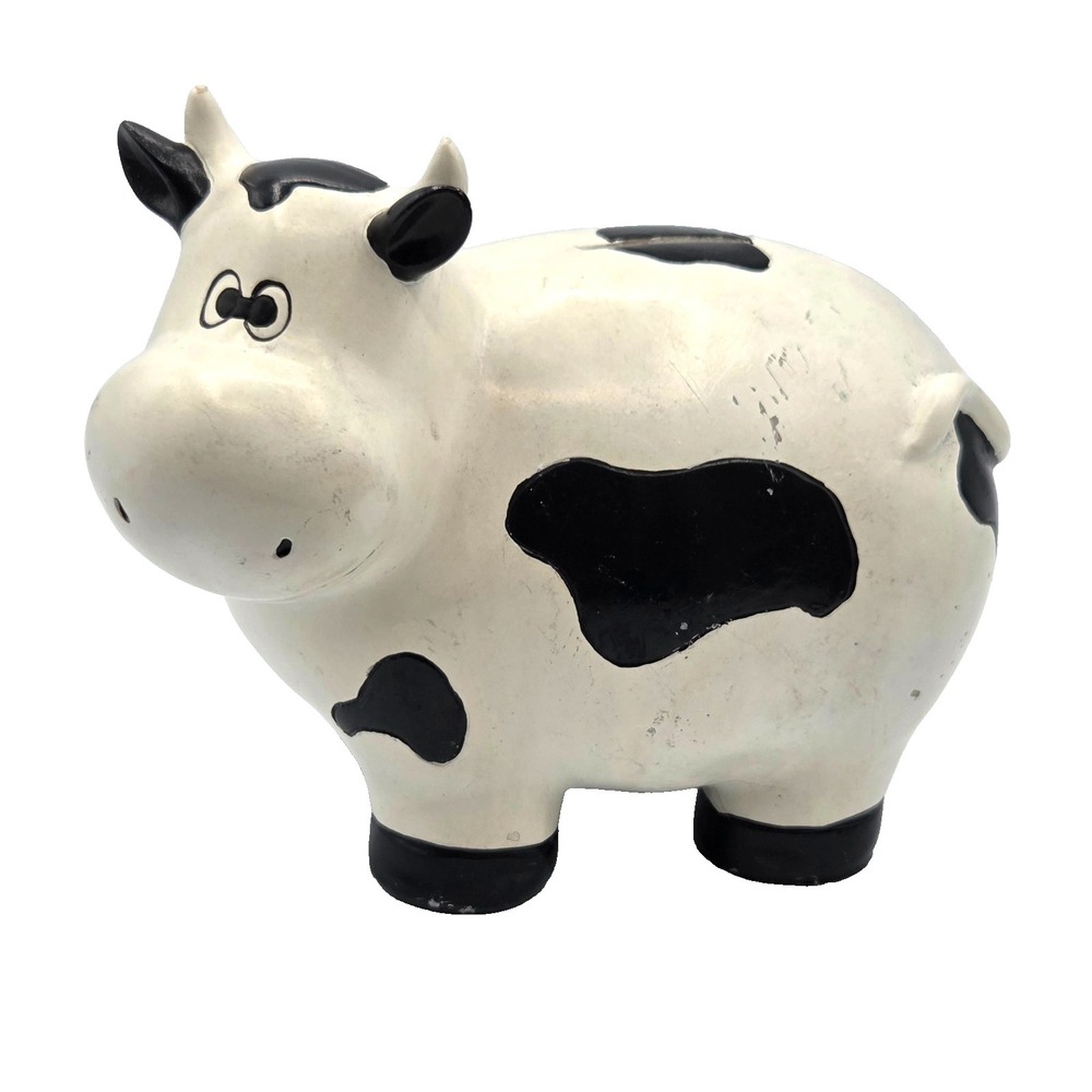 Cow Bank Black and White Holstein with Stopper Coin Piggy Bank Farmhouse VINTAGE